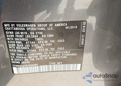 2019 Volkswagen Atlas 3.6L V6 Sel R-Line from USA, damaged, VIN 1V2RR2CA7KC584264